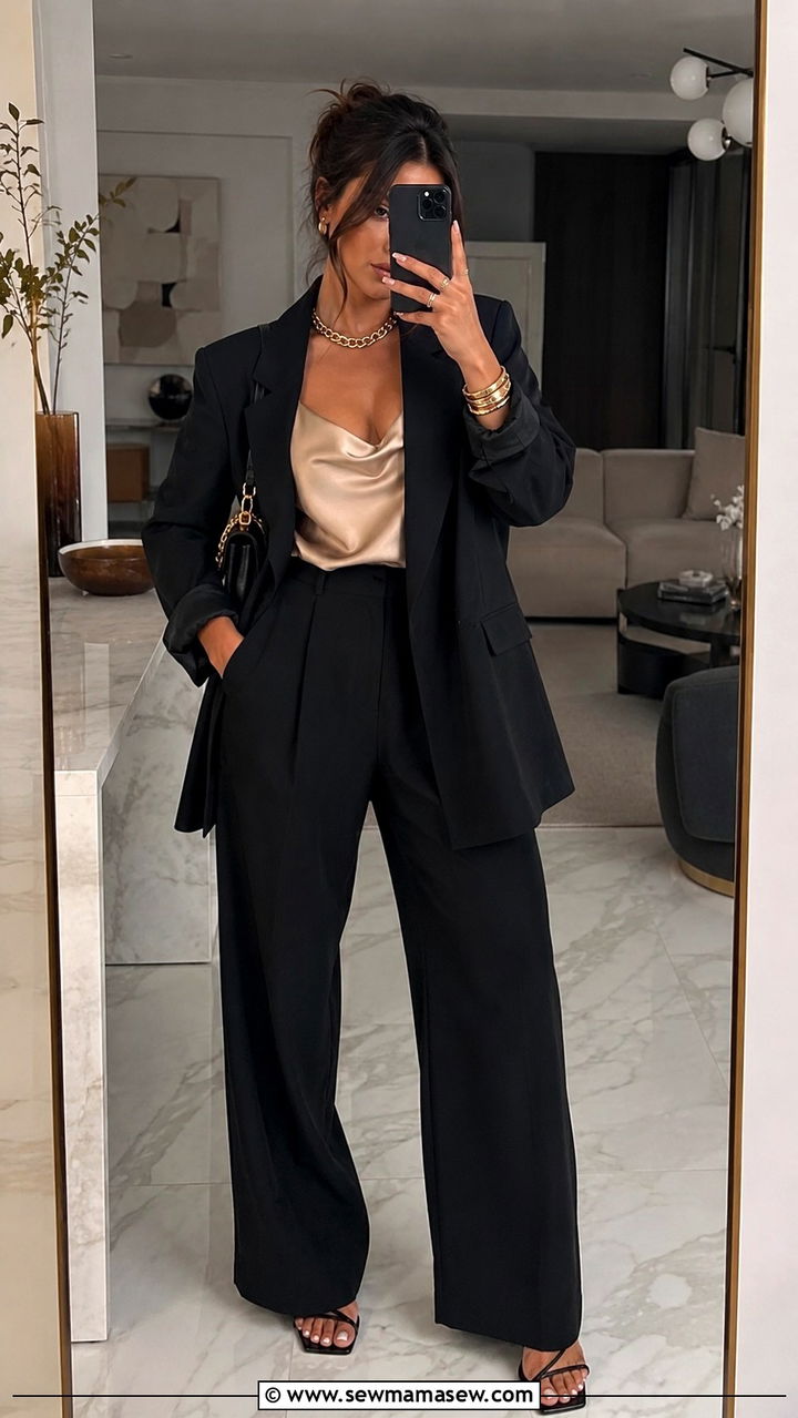 Black baggy suit with silk camisole and strappy heels - 20 cute glamoratti outfits