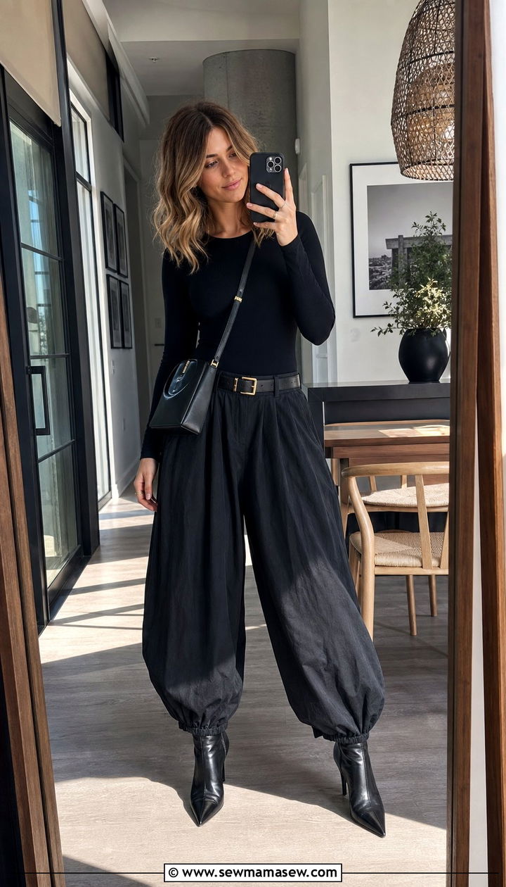 Black balloon pants with bodysuit - 35 balloon pants outfits for women