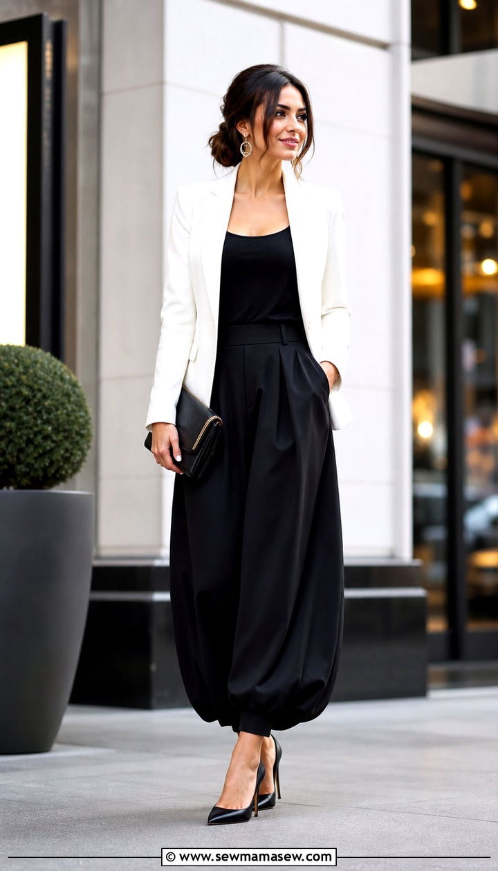 Black balloon pants with white blazer - 35 balloon pants outfits for women