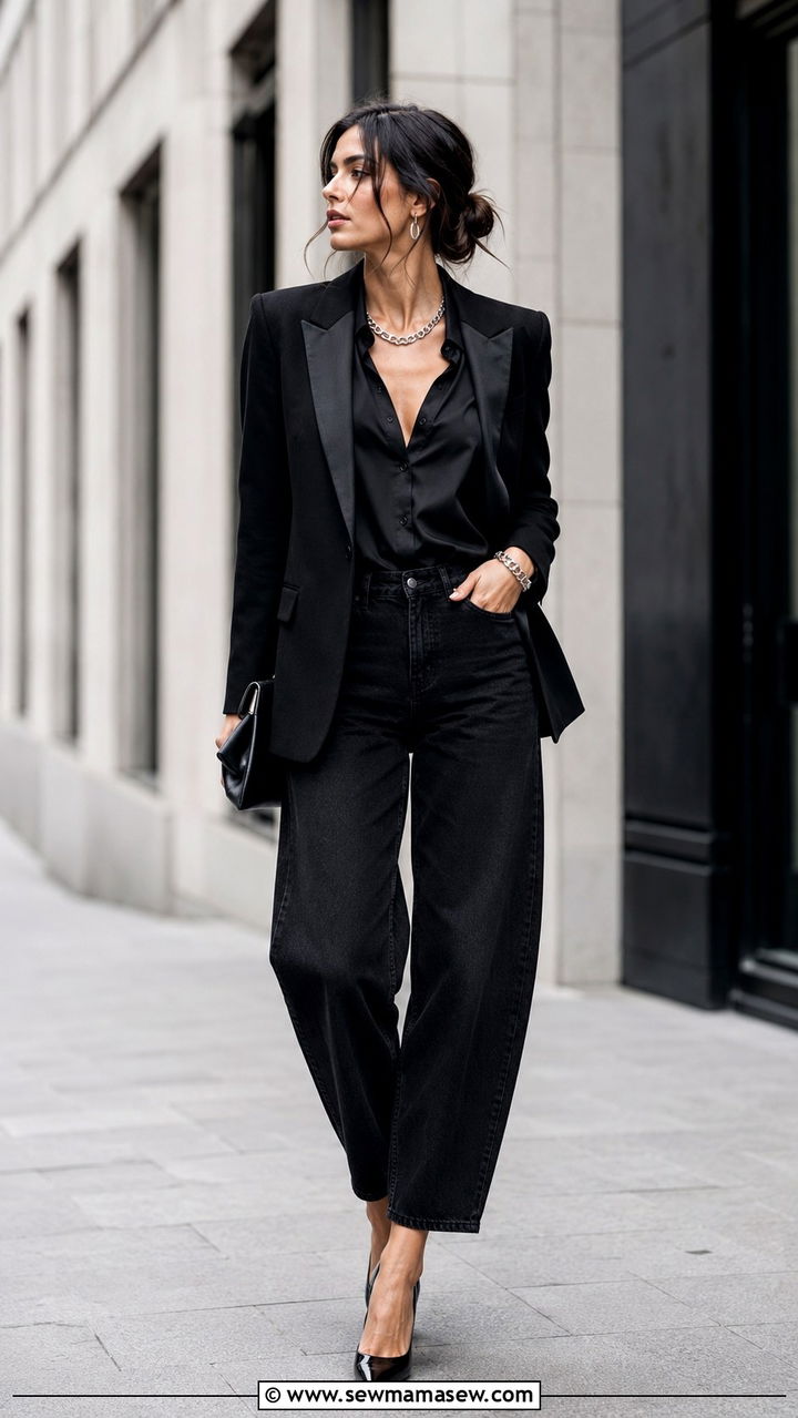 Black barrel jeans monochrome outfit with heels - 25 Barrel jeans outfit ideas with heels
