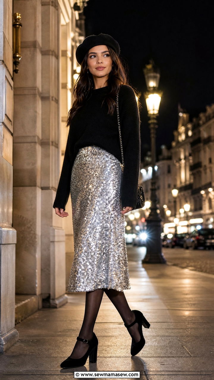 Black beret with a sequin skirt - 35 Beret outfit ideas