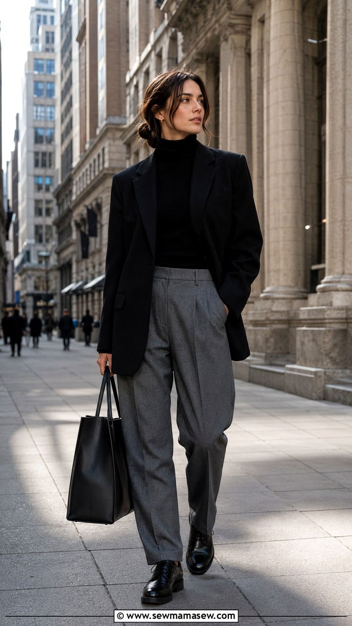 Black blazer and grey flannel trousers outfit - 30 quiet luxury outfits to copy