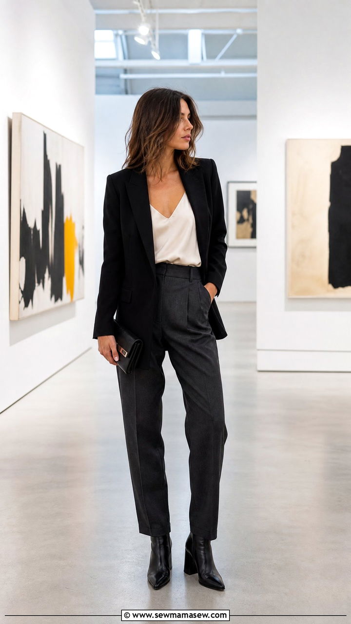 Black blazer and tailored trousers gallery outfit - 30 Gallery opening outfit ideas