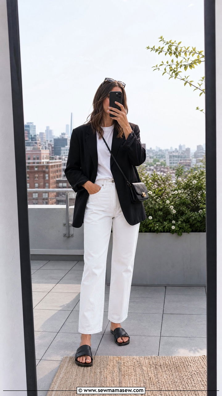 Black blazer and white straight leg jeans outfit - 35 Minimalist spring outfits