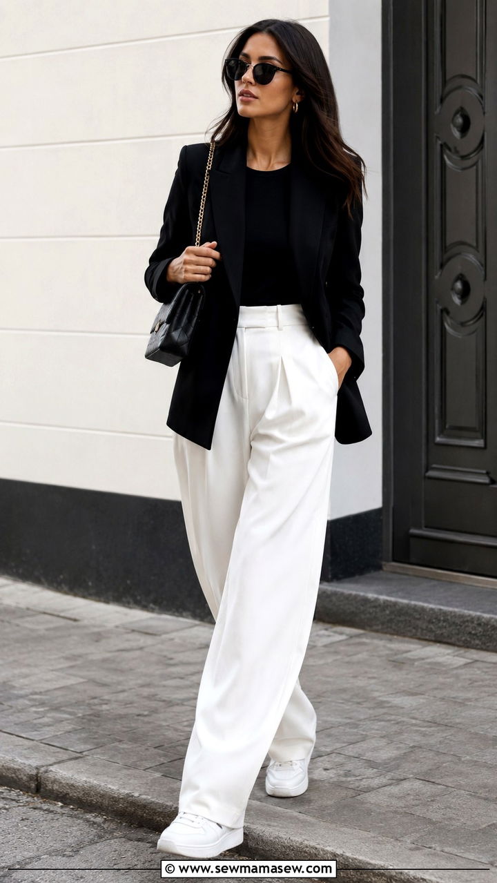 Black blazer and white trousers with sneakers - 30 Spring minimalist outfits 2026