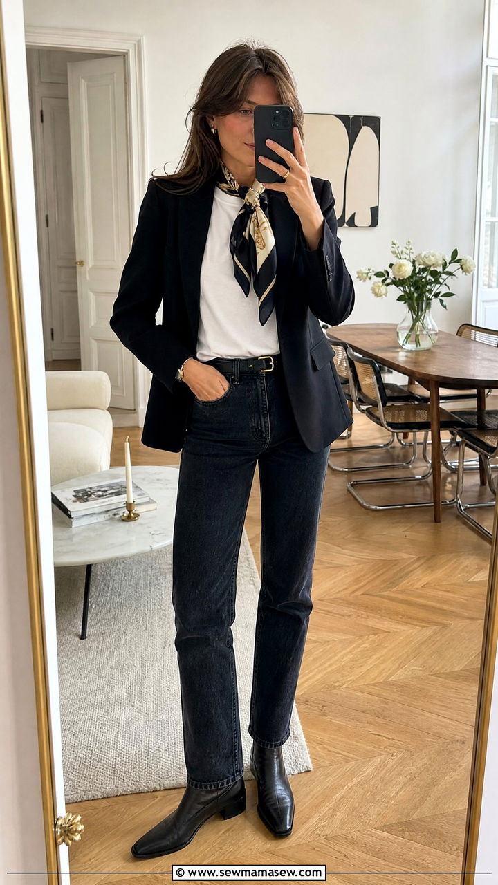 Black blazer dark denim ankle boots - 30 French girl outfit ideas for brunch