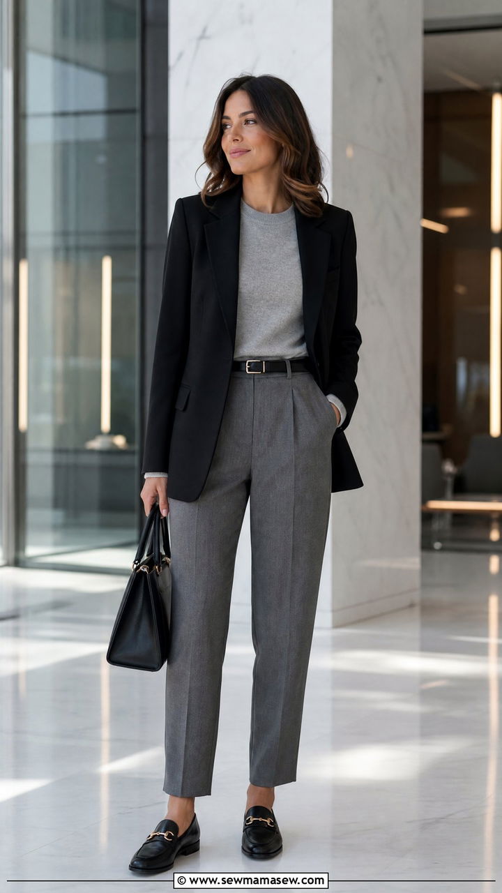 Black blazer gray sweater and trousers outfit - 35 Modern preppy outfit ideas