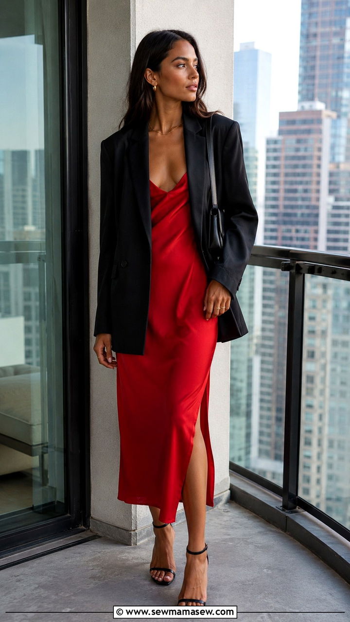 Black blazer over red dress - 25 Red and black outfit ideas