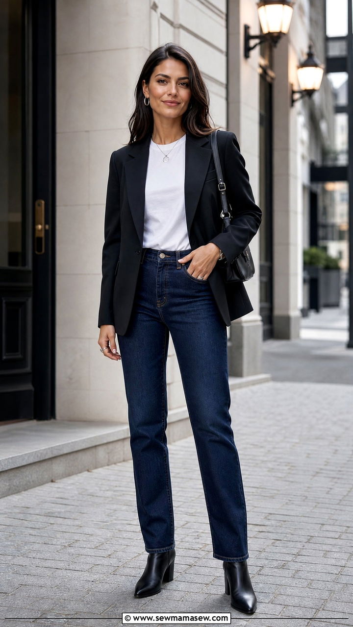 Black blazer with a white crewneck tee and dark blue jeans - 30 Denim and white outfit ideas