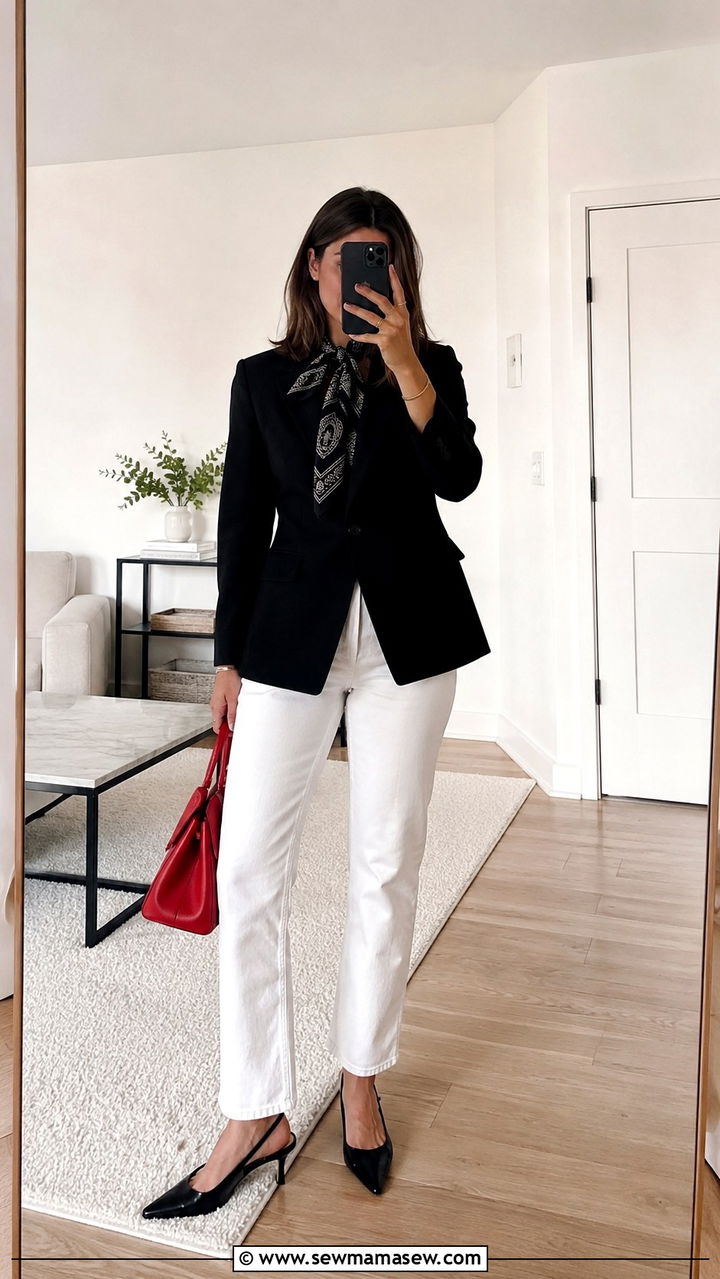 Black blazer with bandana scarf and white jeans - 30 Spring outfits with scarves