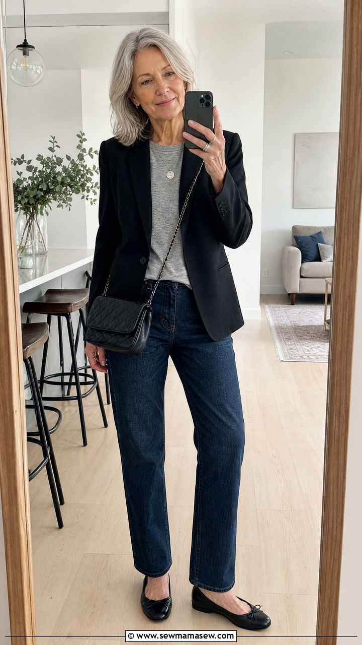 Black blazer with dark wash jeans - 30 French girl outfit ideas for women over 60