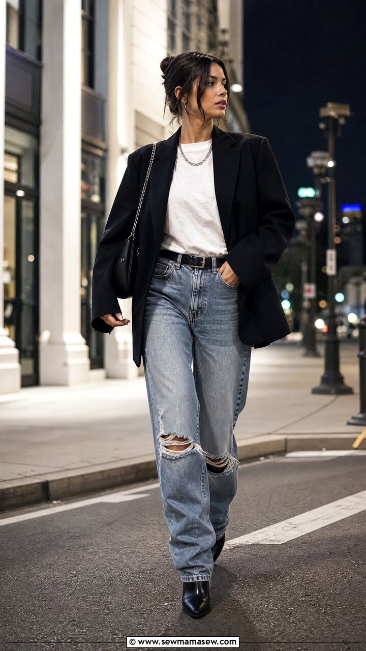 Black blazer with distressed baggy jeans and ankle boots - 25 How to style baggy jeans