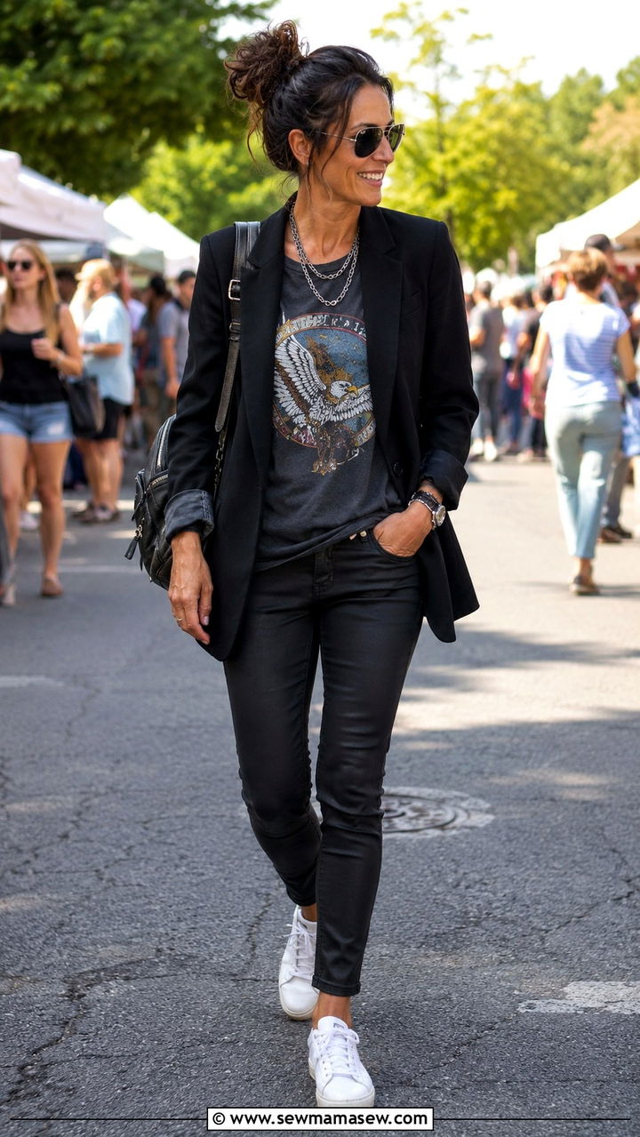 Black blazer with graphic tee outfit over 40 - 30 How to style a blazer over 40