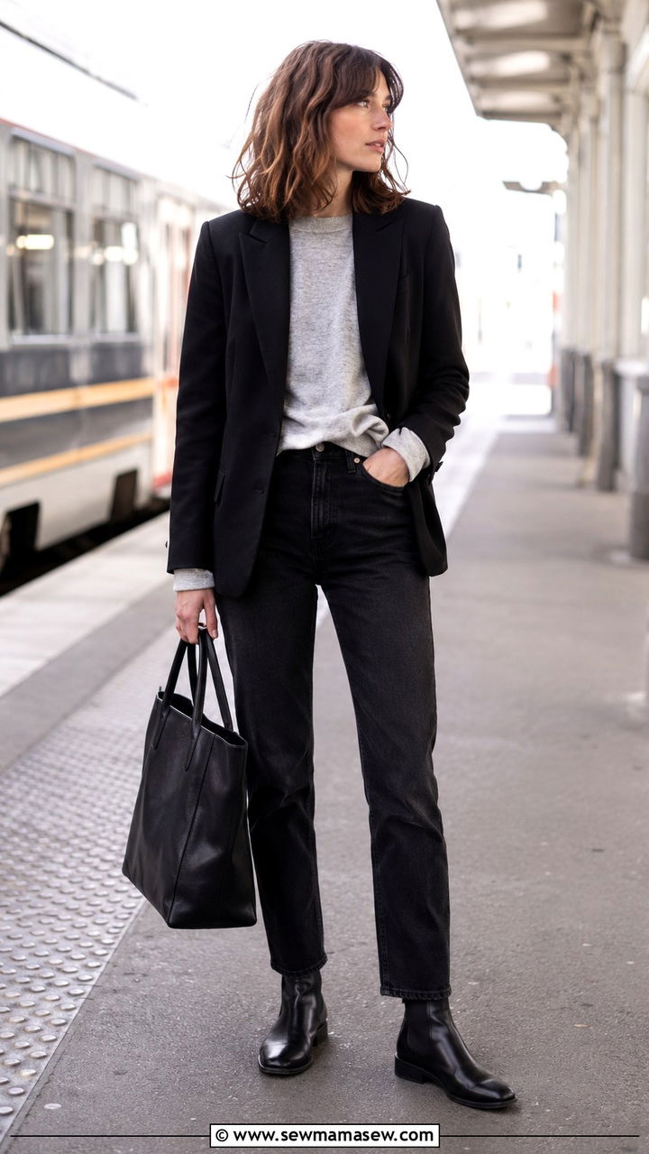 Black blazer with gray marled sweatshirt and dark jeans - 30 casual french girl outfits