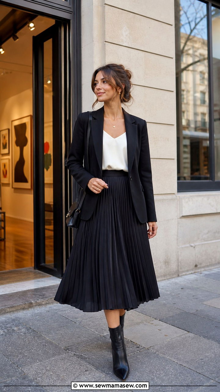 Black blazer with pleated midi skirt outfit - 40 Paris outfits