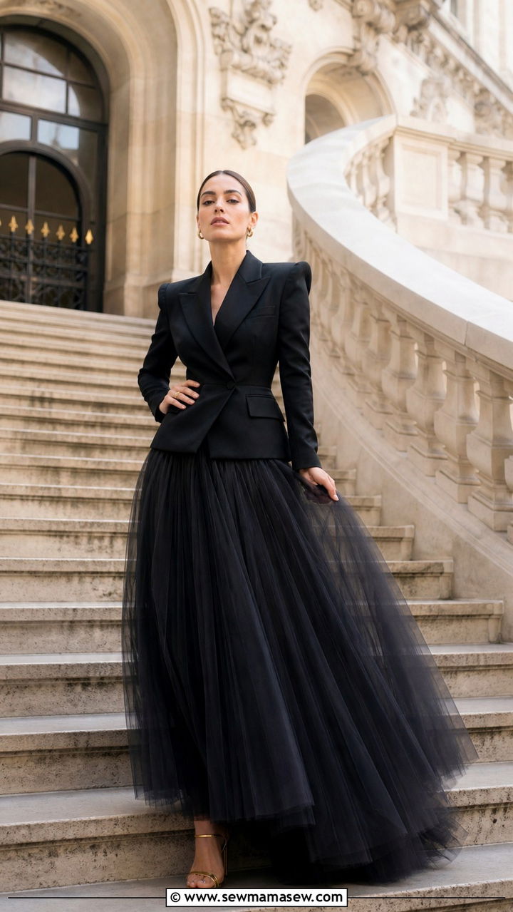 Black blazer with tulle midi skirt outfit - 40 Paris outfits
