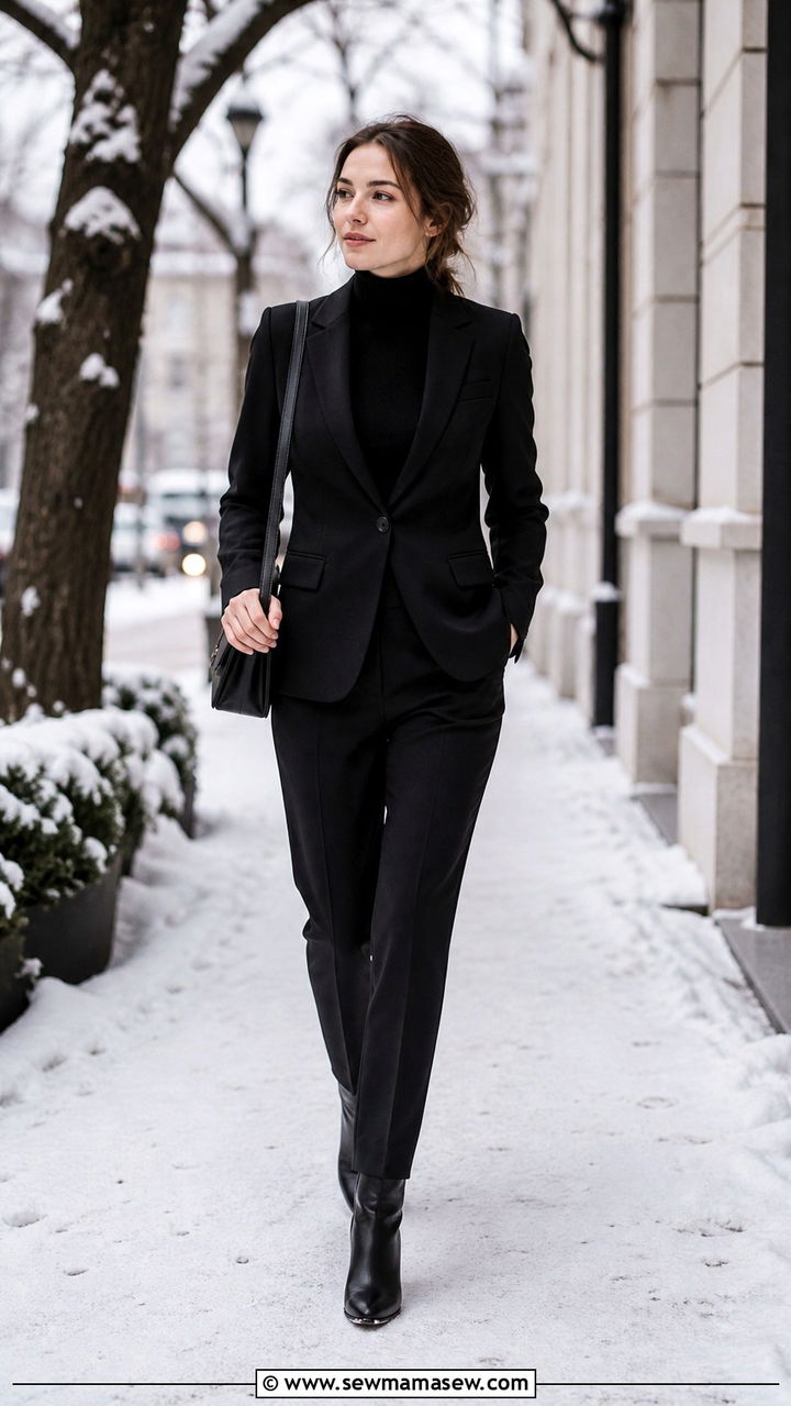 Black blazer with turtleneck and tailored trousers - 40 cute blazer outfits