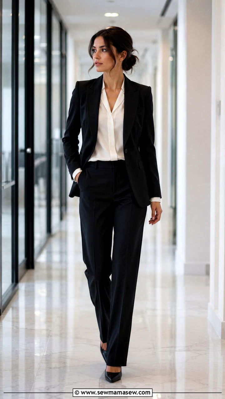 Black blazer with white blouse and straight leg trousers - 25 Work outfit ideas for Wednesday