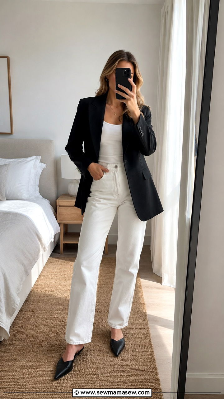 Black blazer with white jeans outfit - 30 scandinavian capsule wardrobe outfits