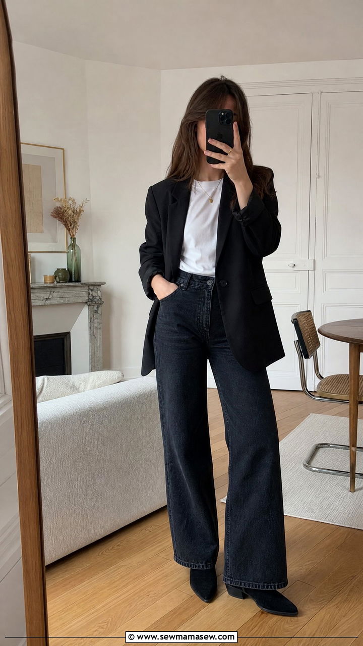 Black blazer with white t shirt and wide leg jeans - 30 casual french girl outfits