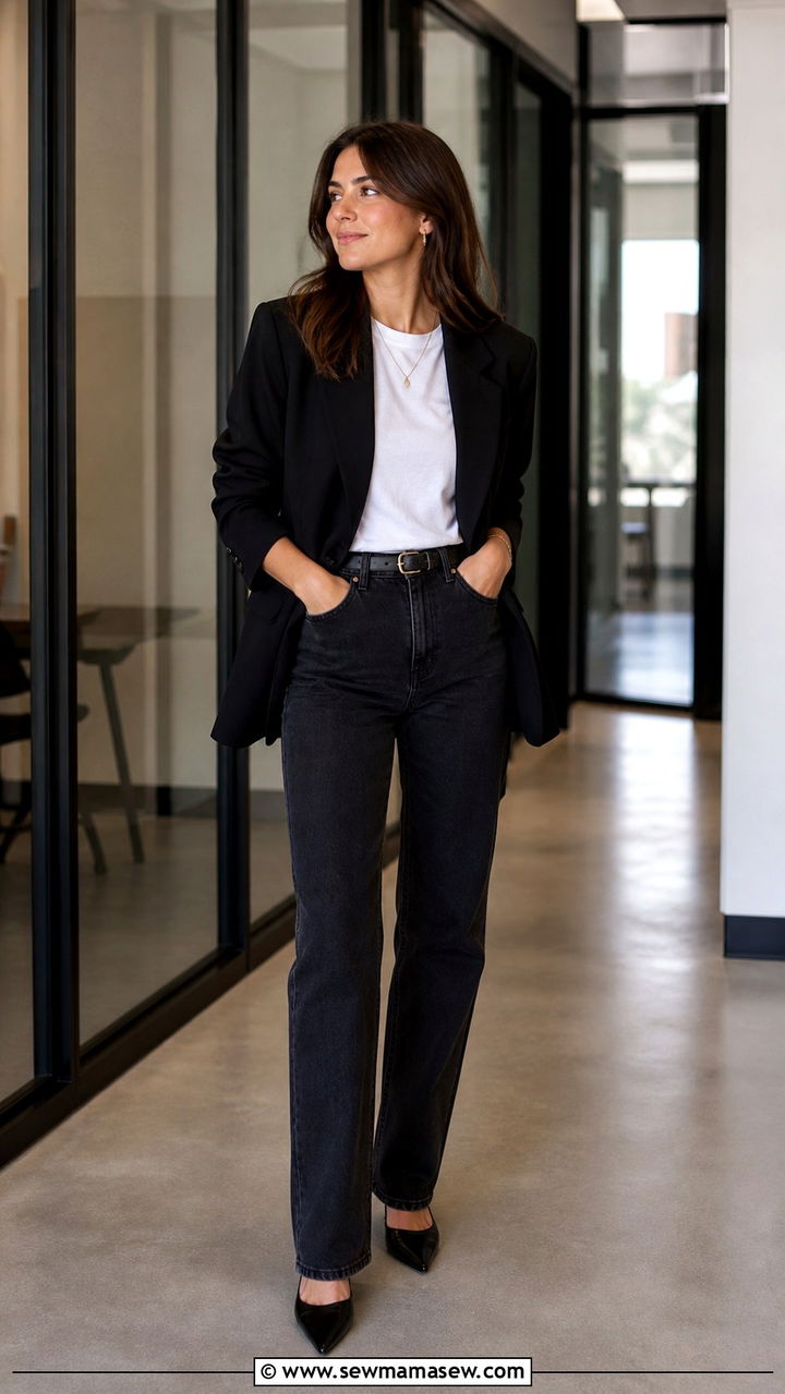 Black blazer with white tee and straight leg jeans - 40 casual office outfits