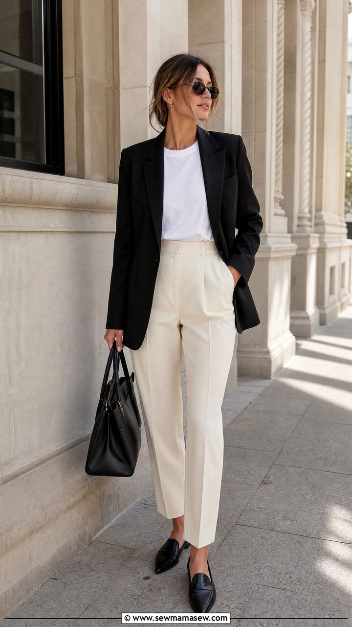 Black blazer with white tee and trousers outfit - 30 French girl outfits to copy