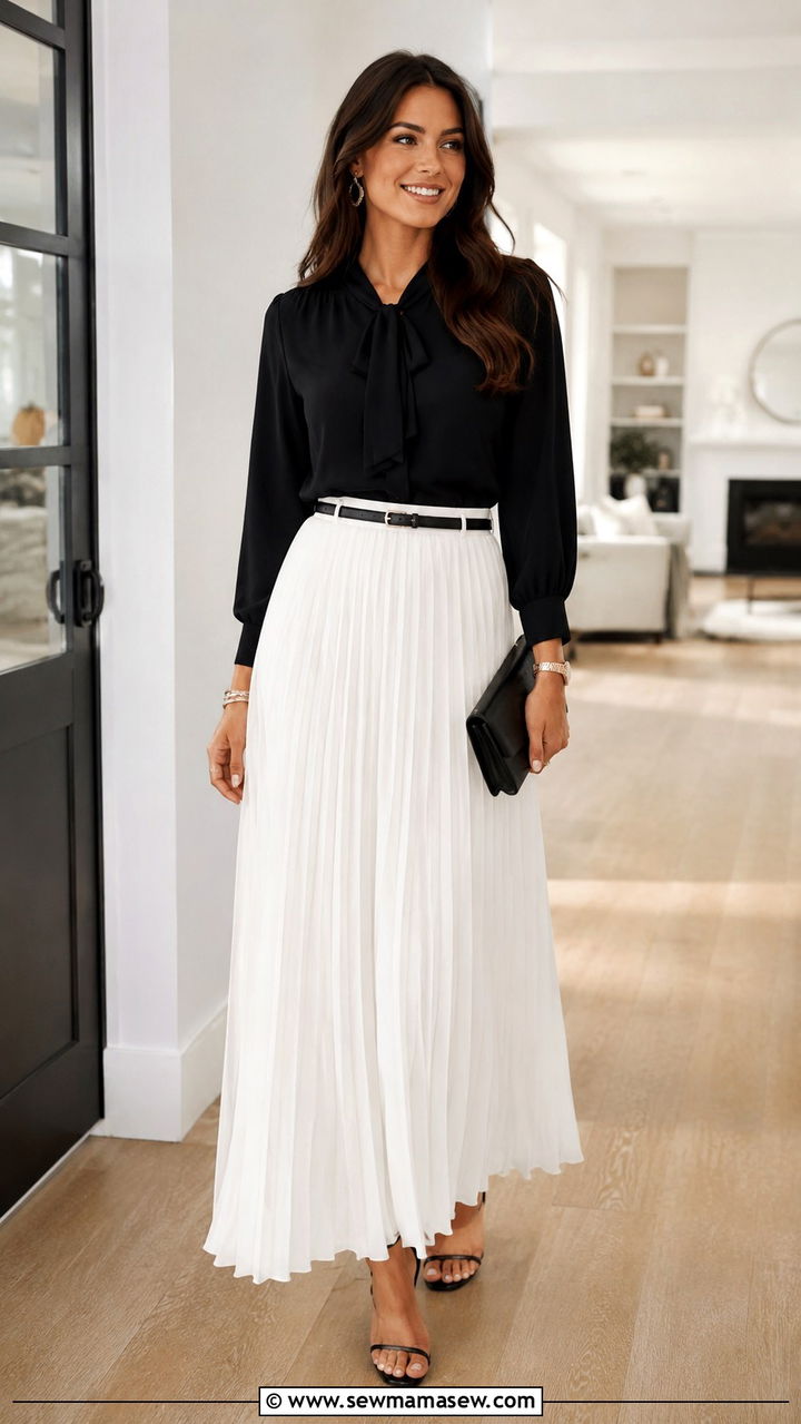 Black blouse with white maxi skirt - 30 Spring outfit ideas for realtor