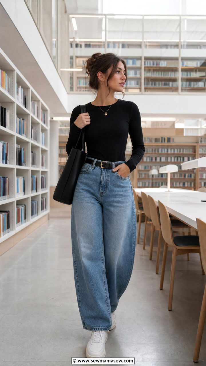 Black bodysuit with high waisted barrel leg jeans and a leather belt - 30 College library outfit ideas