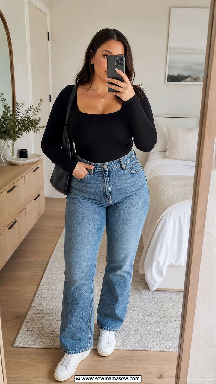 Black bodysuit with high waisted straight leg jeans - 30 Clean girl outfit ideas plus size