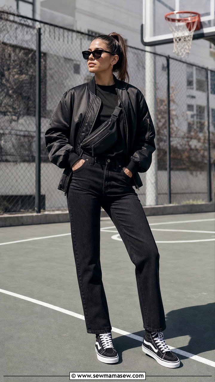 Black bomber jacket with black jeans - 35 black outfit ideas for women