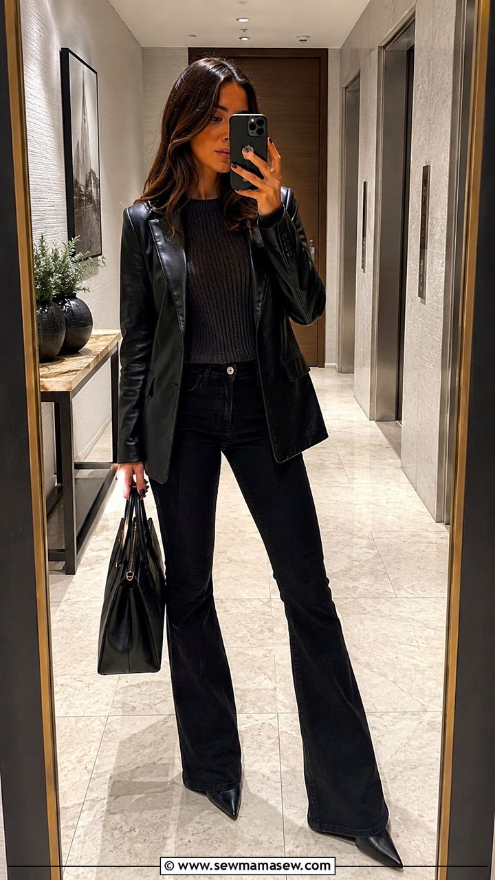 Black bootcut jeans with leather blazer - 25 Bootcut jeans outfit ideas with a blazer