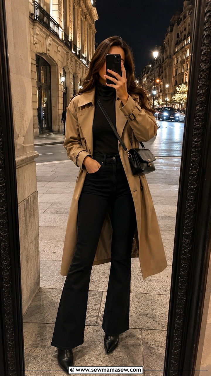 Black bootcut jeans with tan trench coat outfit - 25 Bootcut jeans outfit ideas with a trench coat