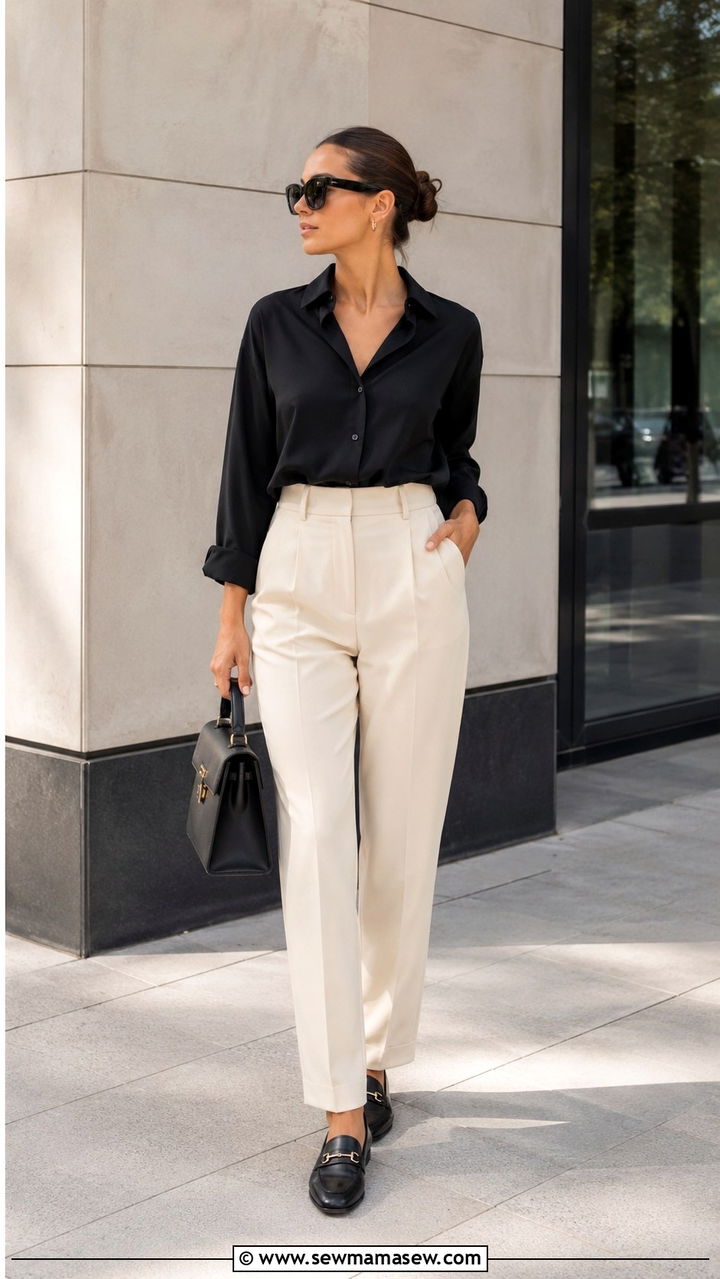 Black button down shirt and cream tailored trousers - 20 Low key spring outfit ideas 2026