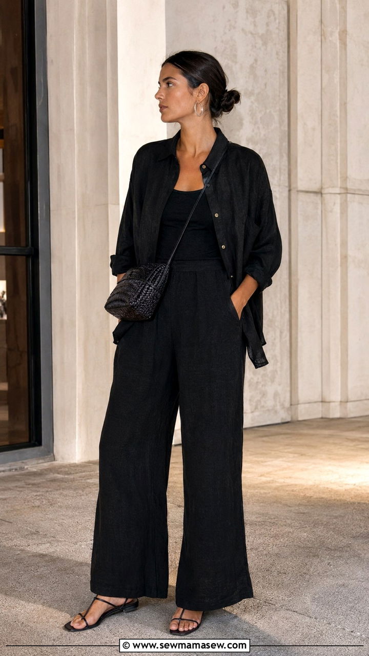 Black button down with black wide leg linen pants - 25 Wide leg linen pants outfit ideas with a button down