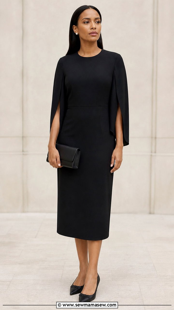 Black cape sleeve dress funeral outfit - 40 Funeral outfit ideas