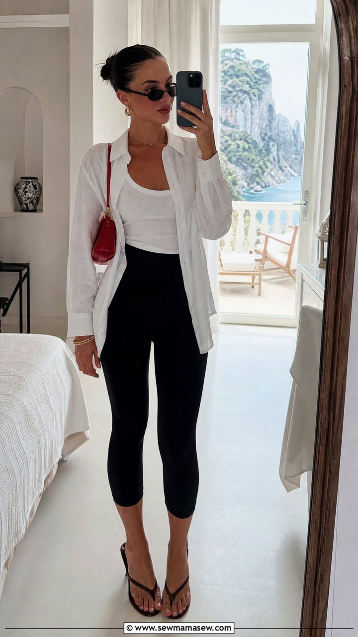 Black capri leggings with an oversized white button down and heeled leather thong sandals - 25 Capri vacation outfit ideas