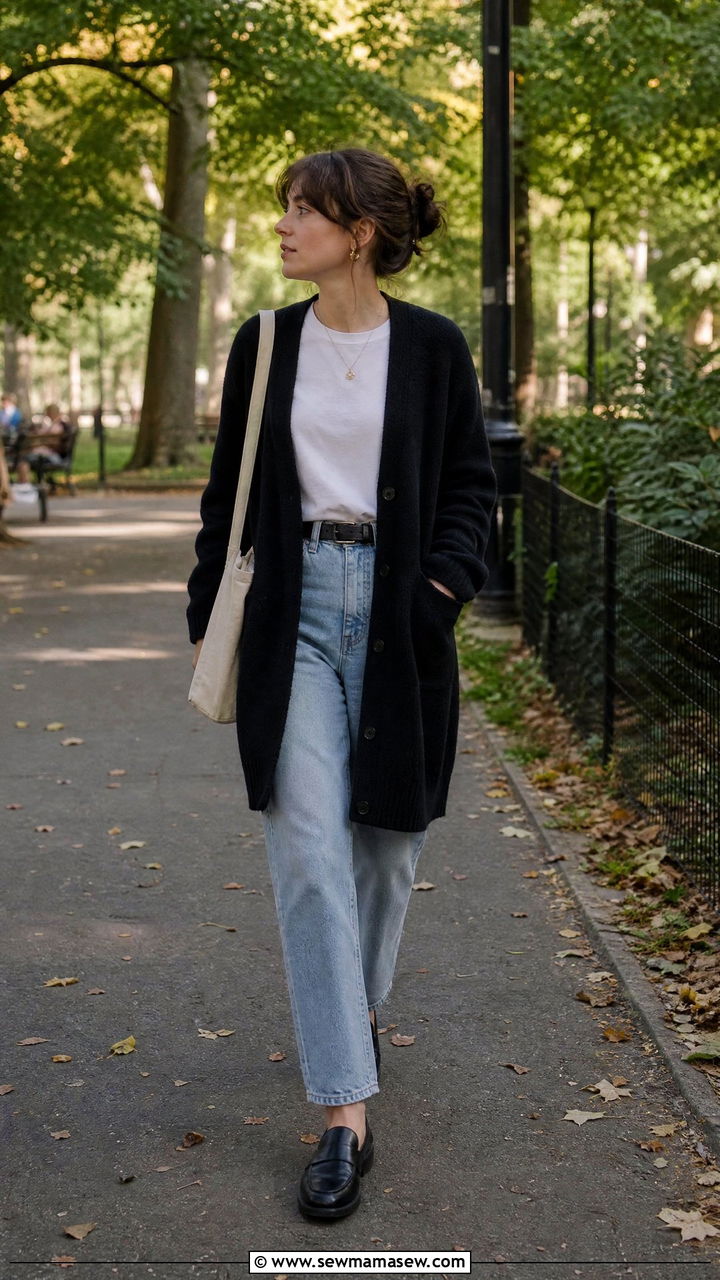 Black cardigan and light wash jeans outfit - 30 dark academia outfits ideas
