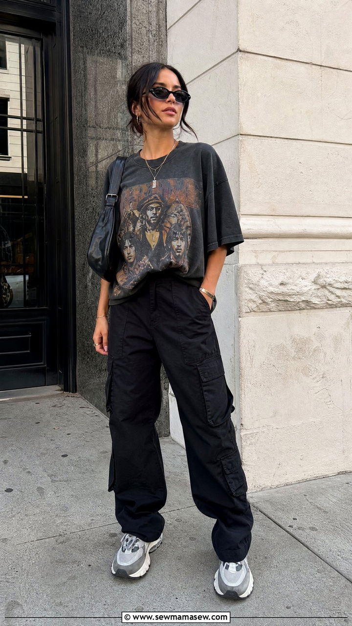 Black cargo pants with oversized graphic tee look - 30 Summer outfits with cargo pants