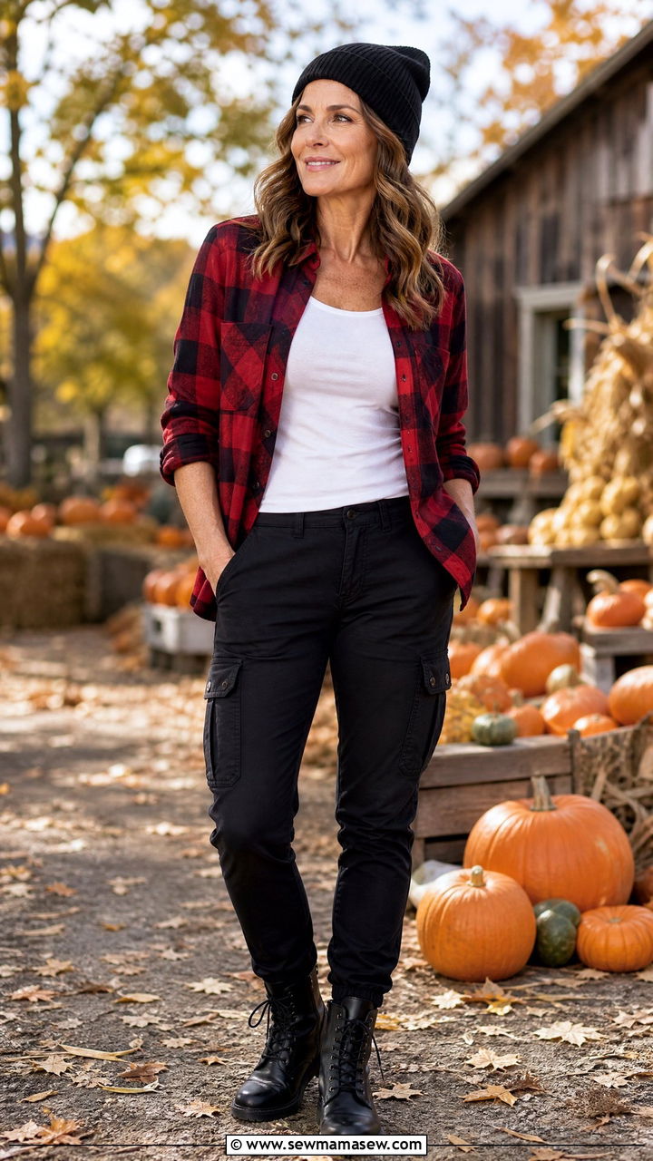 Black cargo pants with plaid flannel shirt outfit - 25 Cargo pants outfit ideas for women over 40