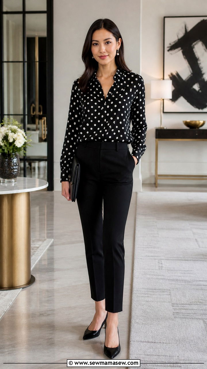 Black cigarette pants with polka dot blouse - 40 Business trip outfit ideas