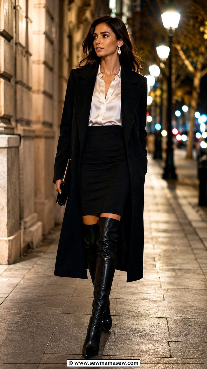 Black coat and pencil skirt with over the knee boots - 30 Pencil skirt outfit ideas with boots