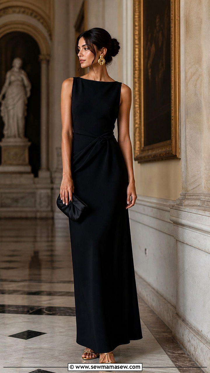 Black column maxi dress with sculptural gold jewelry - 40 elegant outfits