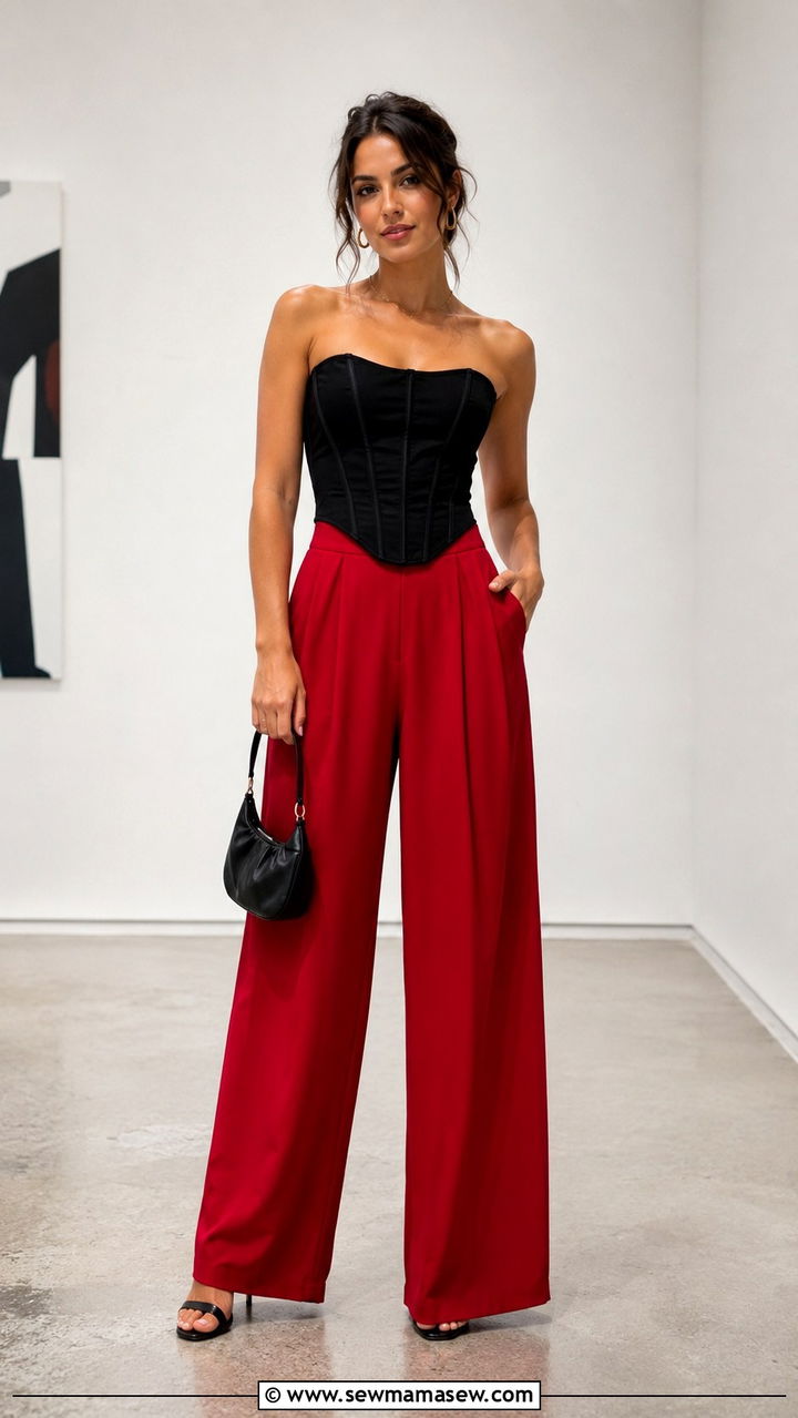 Black corset top and red wide leg pants - 25 Red and black outfit ideas