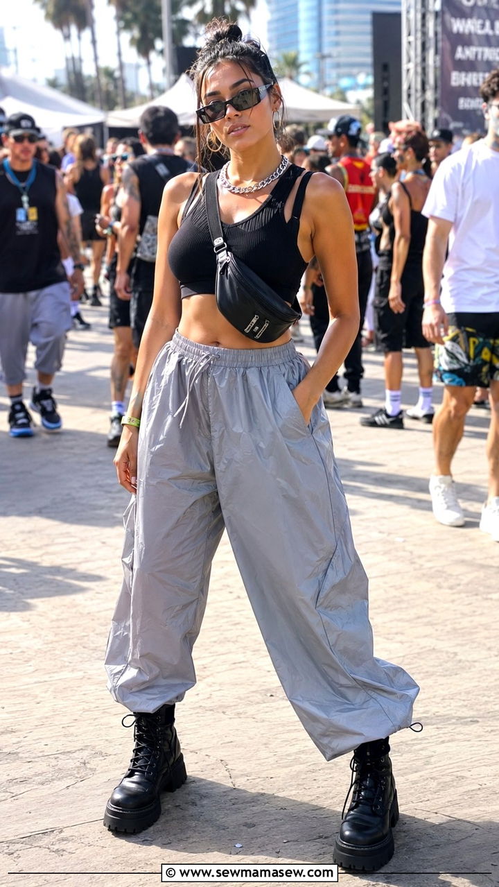Black crop top and parachute pants - 25 Rock The Bells outfit ideas