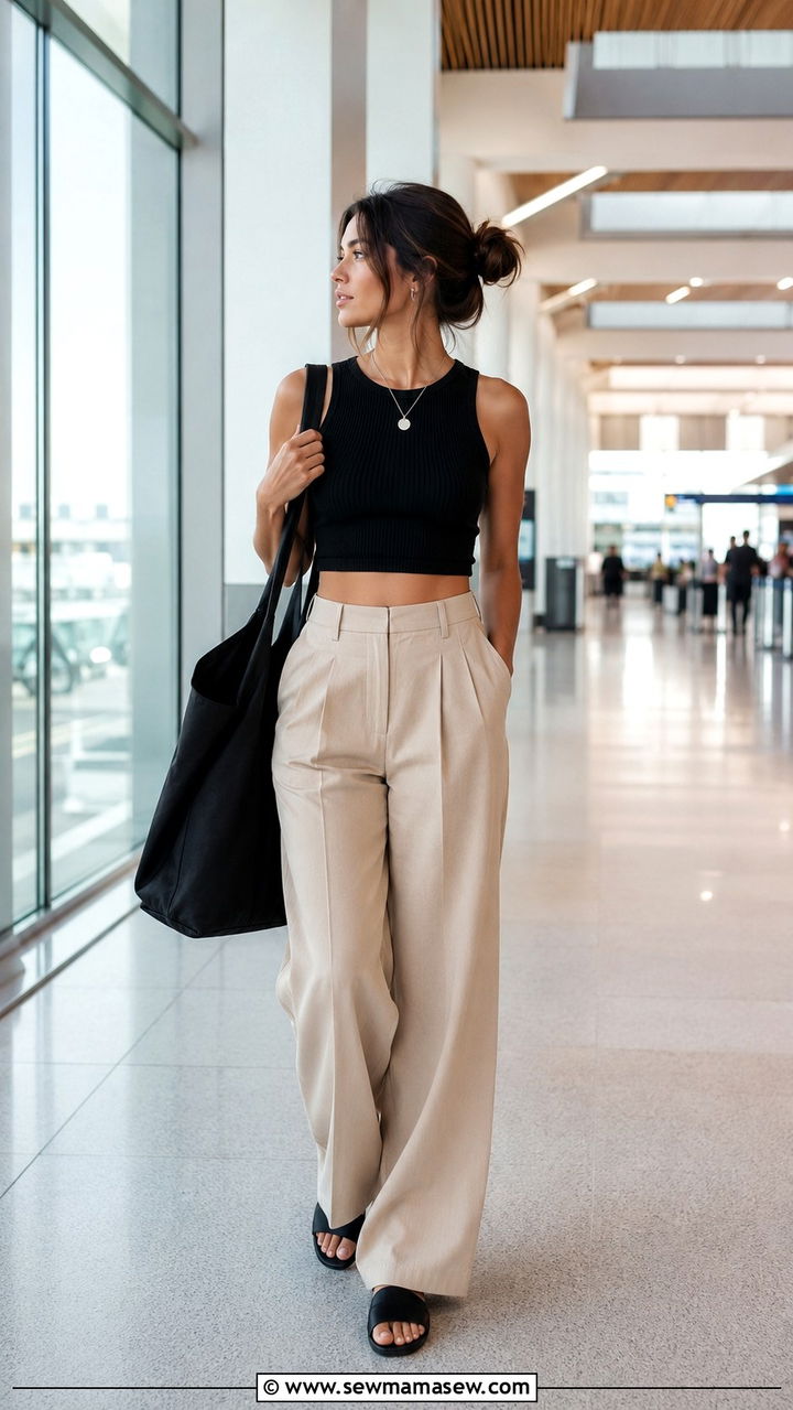 Black crop top with wide leg beige pants and sandals - 30 casual airport outfits