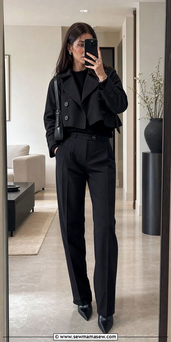 Black cropped trench all black outfit - 25 cropped trench outfits inspo