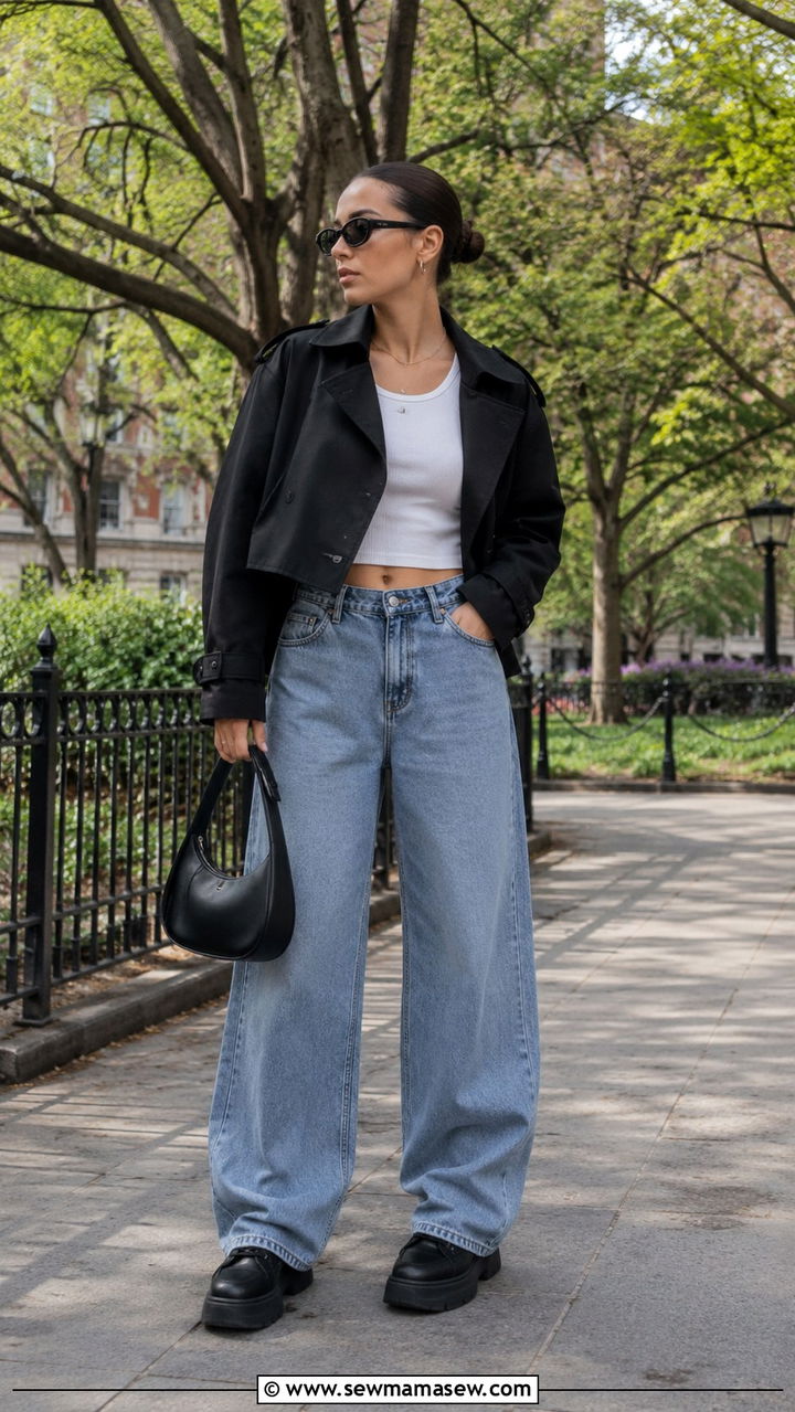 Black cropped trench coat with high waisted baggy jeans - 25 Black trench coat outfit ideas with jeans