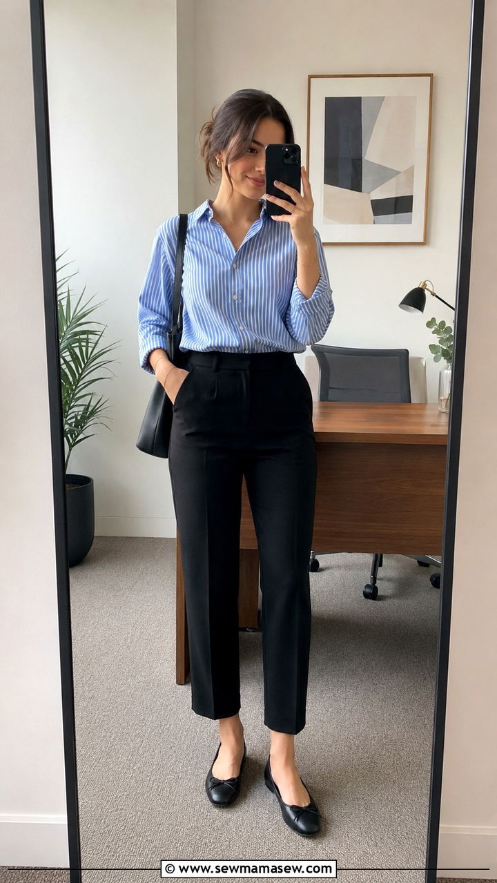 Black cropped trousers with striped button down and ballet flats - 30 Legal intern outfit ideas