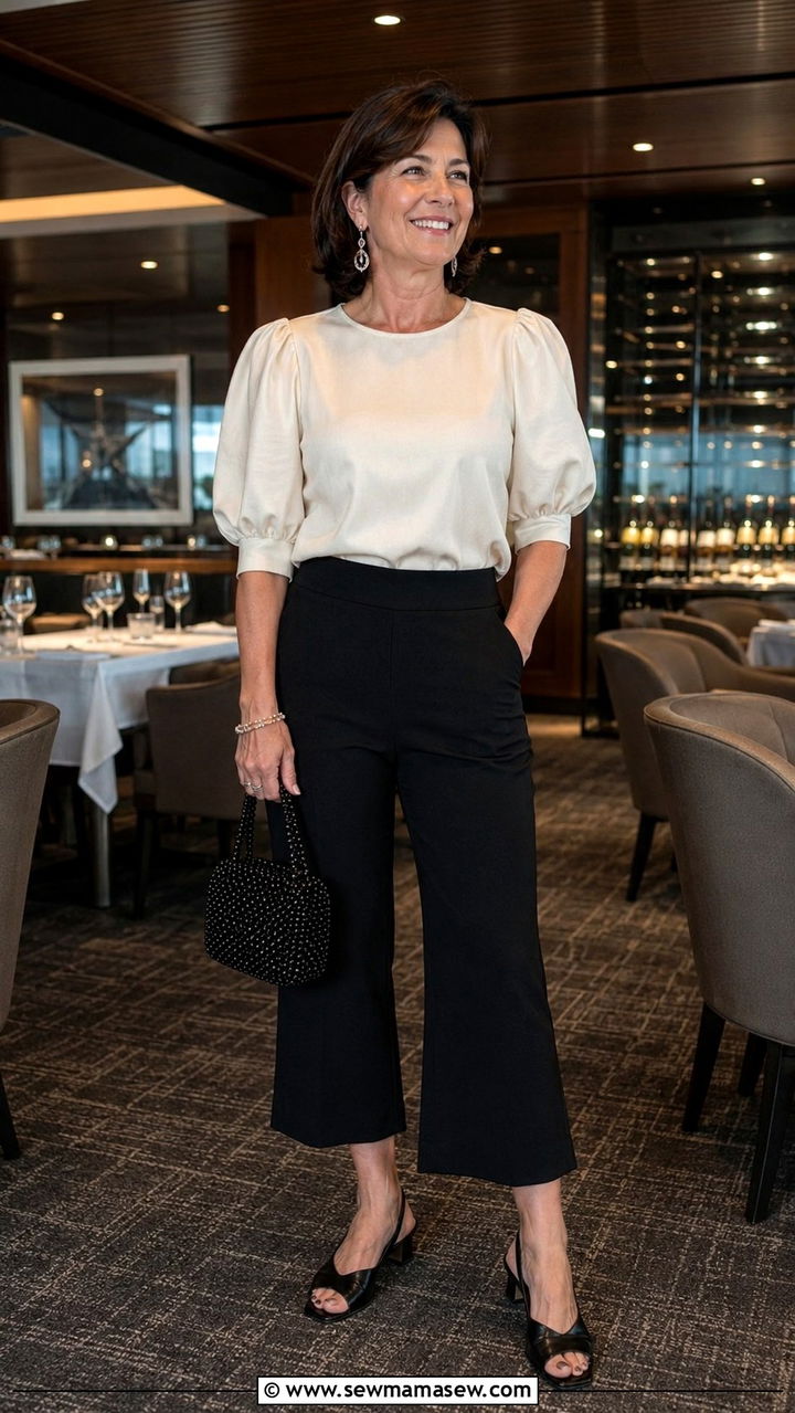 Black cropped wide leg pants with puff sleeve blouse outfit - 30 Small ship cruise outfit ideas