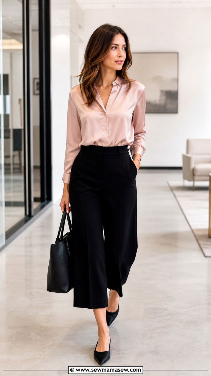 Black culottes with silky blush top and pointed flats outfit - 40 New job outfit ideas